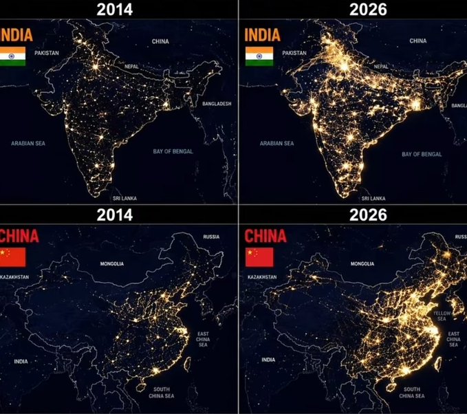 2014年和2026年的航拍卫星图，印度与中国的夜间灯光图对比，哪个更亮